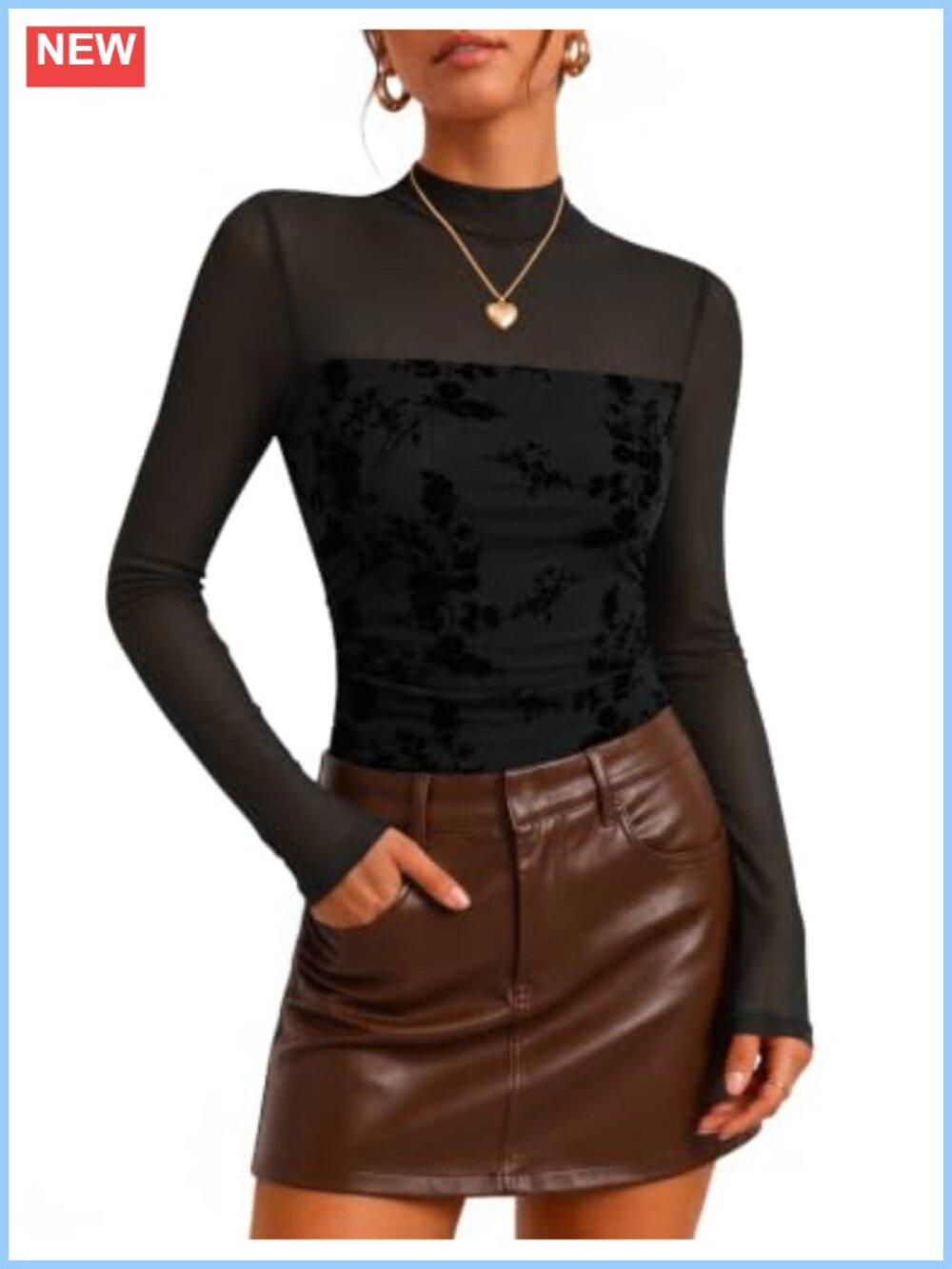 Turtleneck Long Sleeve Sheer Mesh Floral Ruched Top